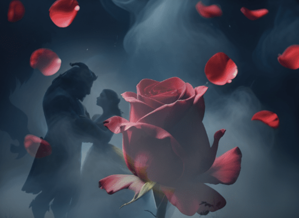 A silhouette Beauty and The Beast with a rose advertising a stage show at Grange Theatre