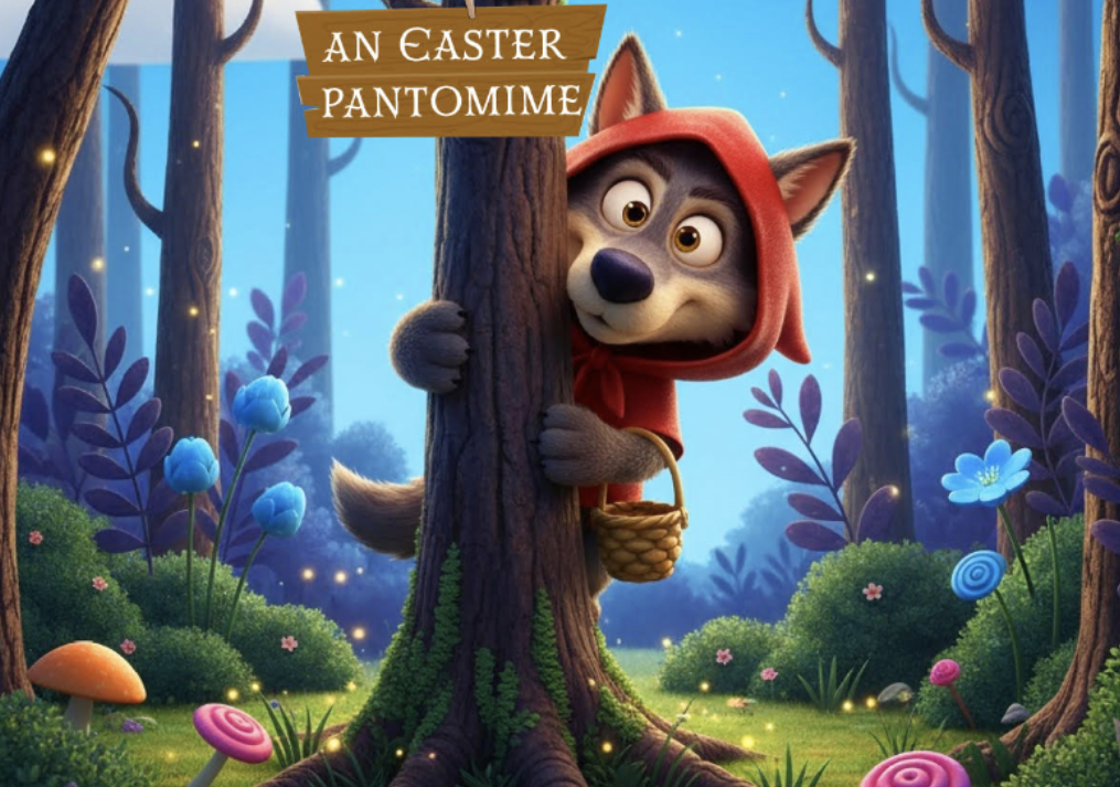 Easter Panto Little Red Riding Hood Victoria Baths a wolf near a tree with easter eggs around