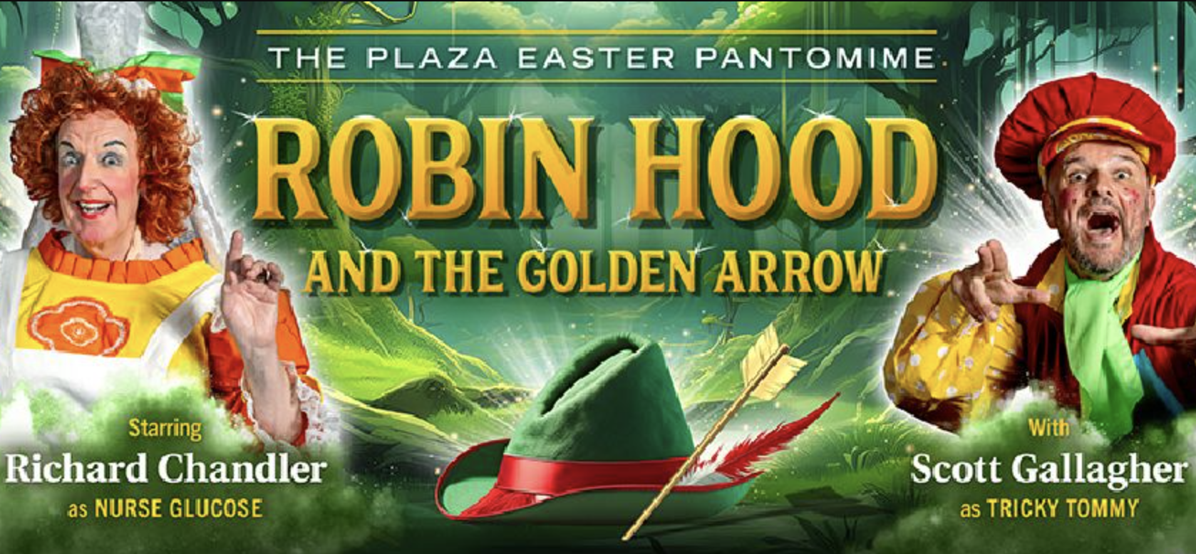 Easter Panto Robin Hood And The Golden Arrow, Plaza Stockport poster showing cast