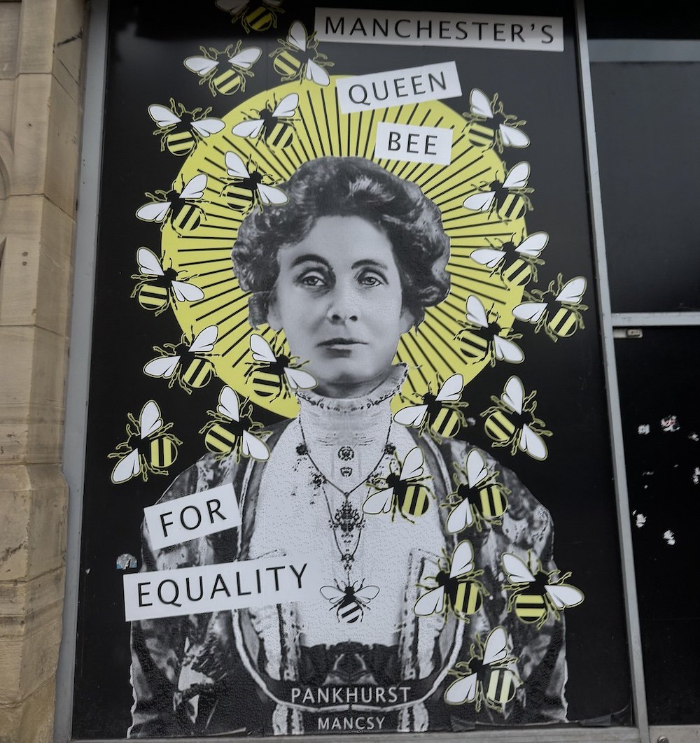 International Women's Day Manchester artwork of Emeline Pankhurst in Manchester City Centre