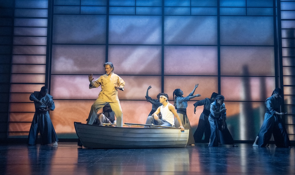 Karate Kid the musical mr miyagi and Daniel in a boat