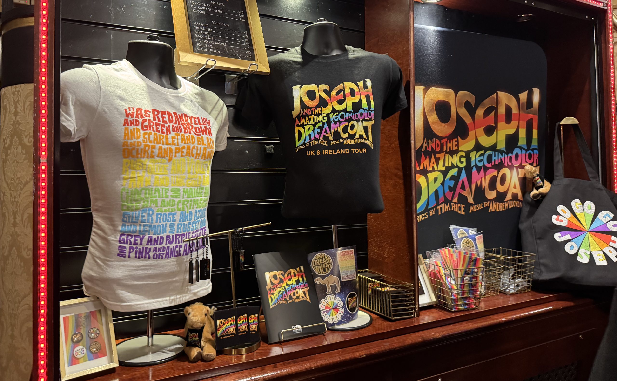 A range of Merchandise available to purchase pn the Joseph and the amazing techicolor dreamcoat tour including t-shirts and hoodies