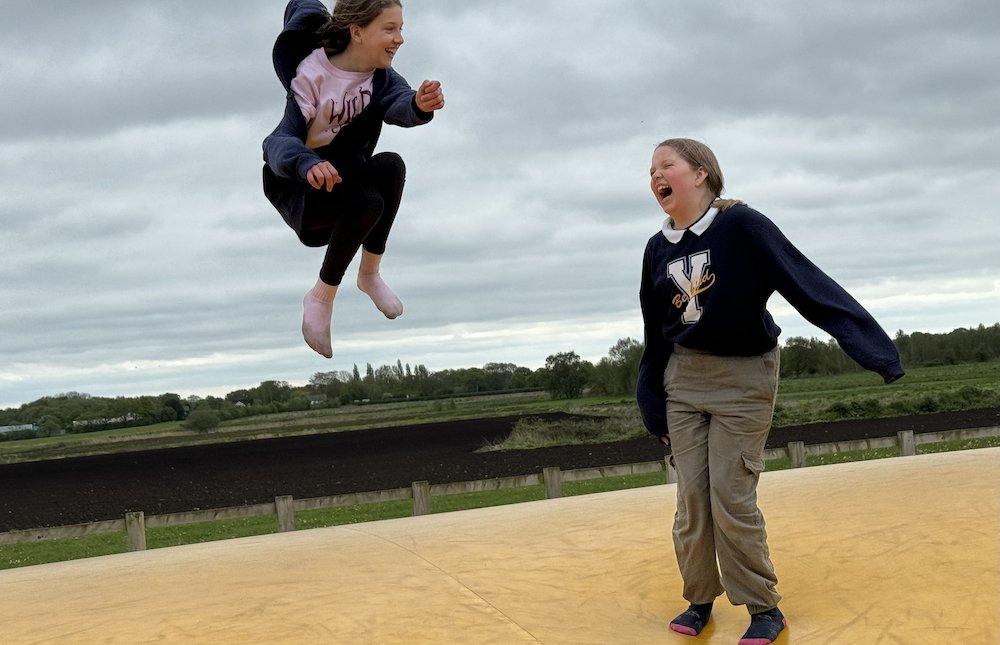 Review Apple Jacks Adventure Park bouncy pillow tweo girls jumping one in the air