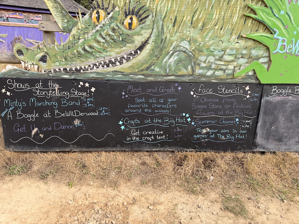 Top tips BeWILDerwood Cheshire - Crafts and Shows board showing times of shows and craft times